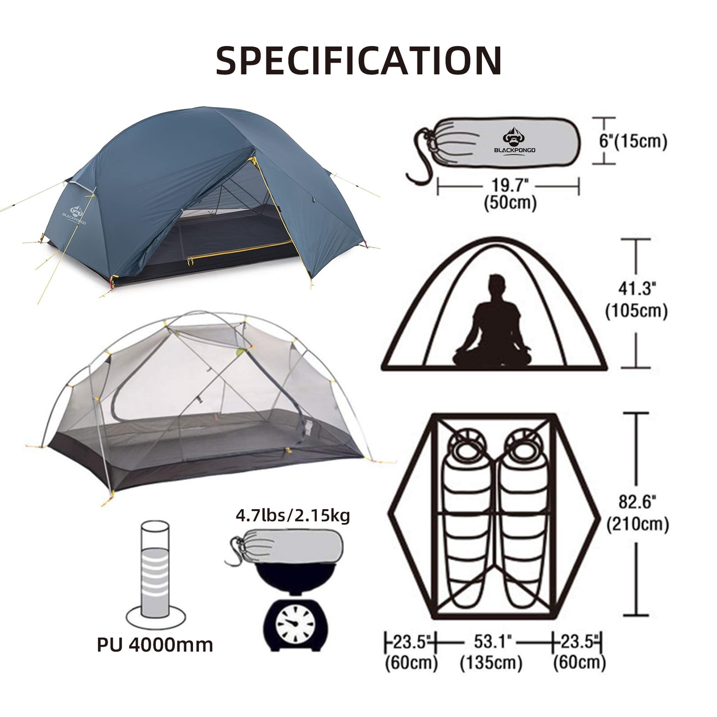 Blackpongo Neptune 2 Person Camping Tent 20D nylon 210T polyester Double Layer Breathable Waterproof windproof professional ultralight Tent with ground mat