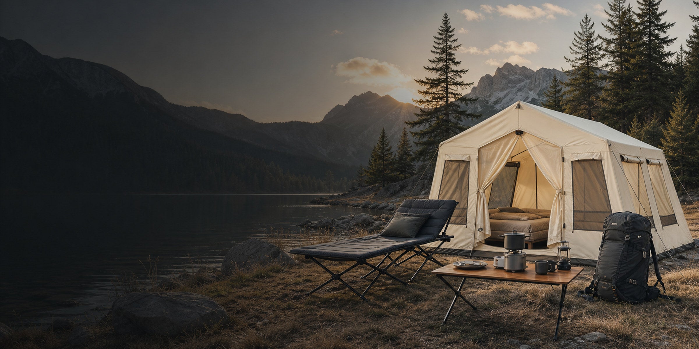 A complete outdoor camp system beside an alpine lake at first light