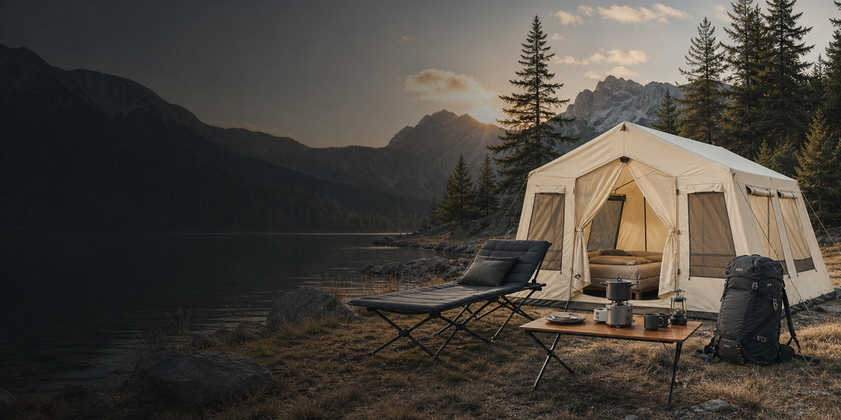 A complete outdoor camp system beside an alpine lake at first light