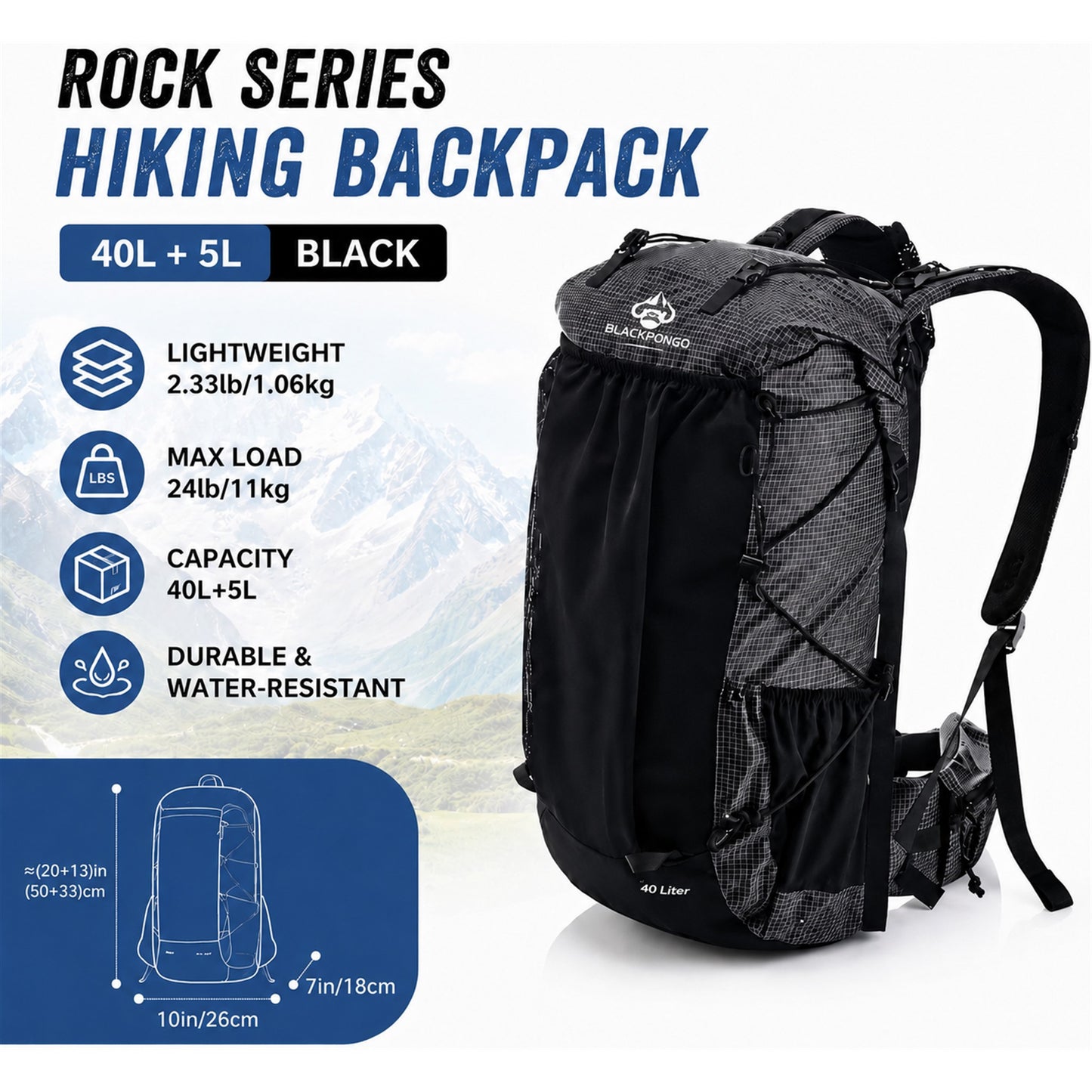 BLACKPONGO AlpineX 40L plus 5L hiking backpack specifications