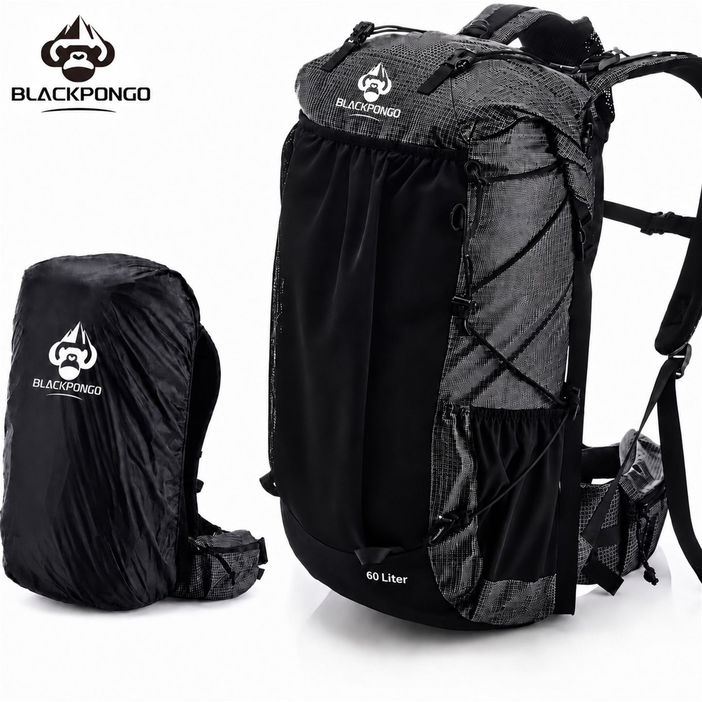 BLACKPONGO AlpineX 60L hiking backpack in black with built-in rain cover
