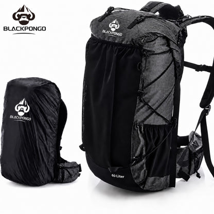 BLACKPONGO AlpineX 60L hiking backpack in black with built-in rain cover