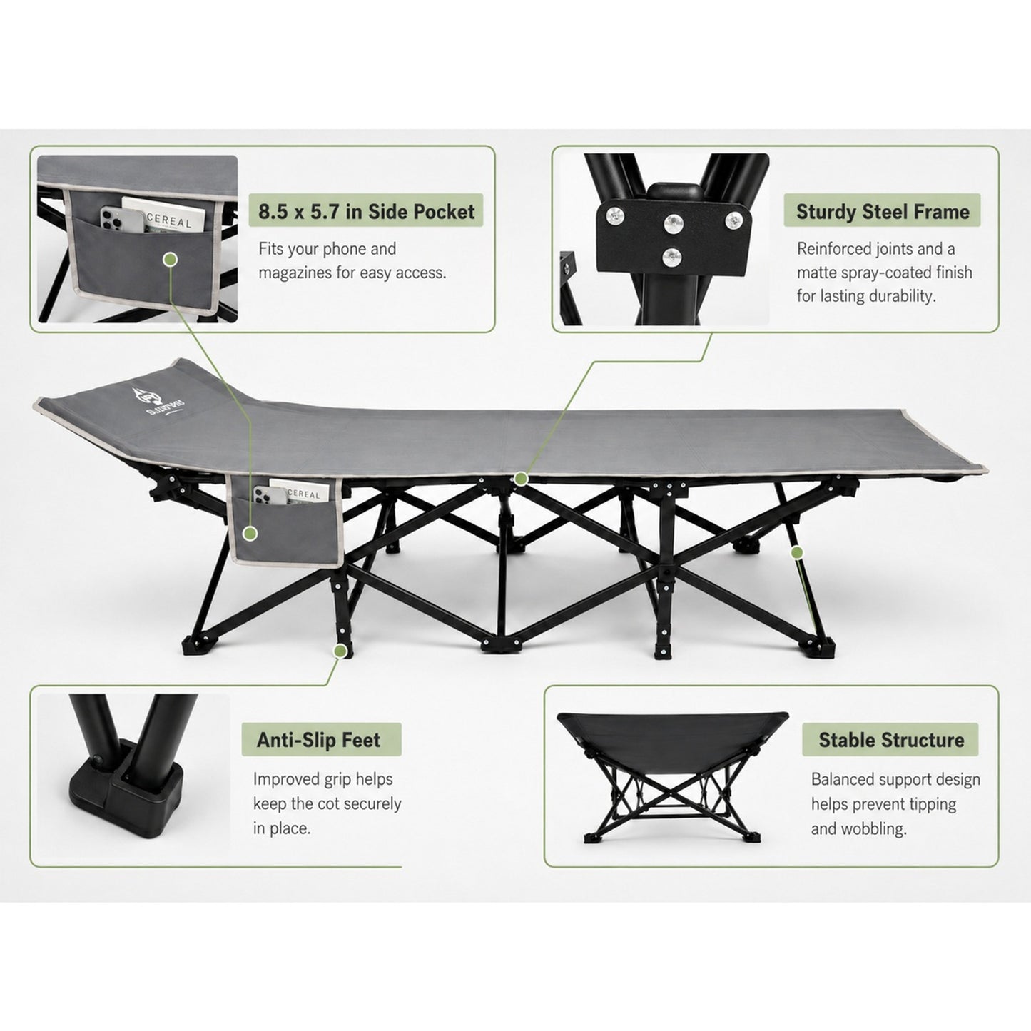 BLACKPONGO Terravoy 10-Leg Folding Camping Cot with Pad - variant and angle view