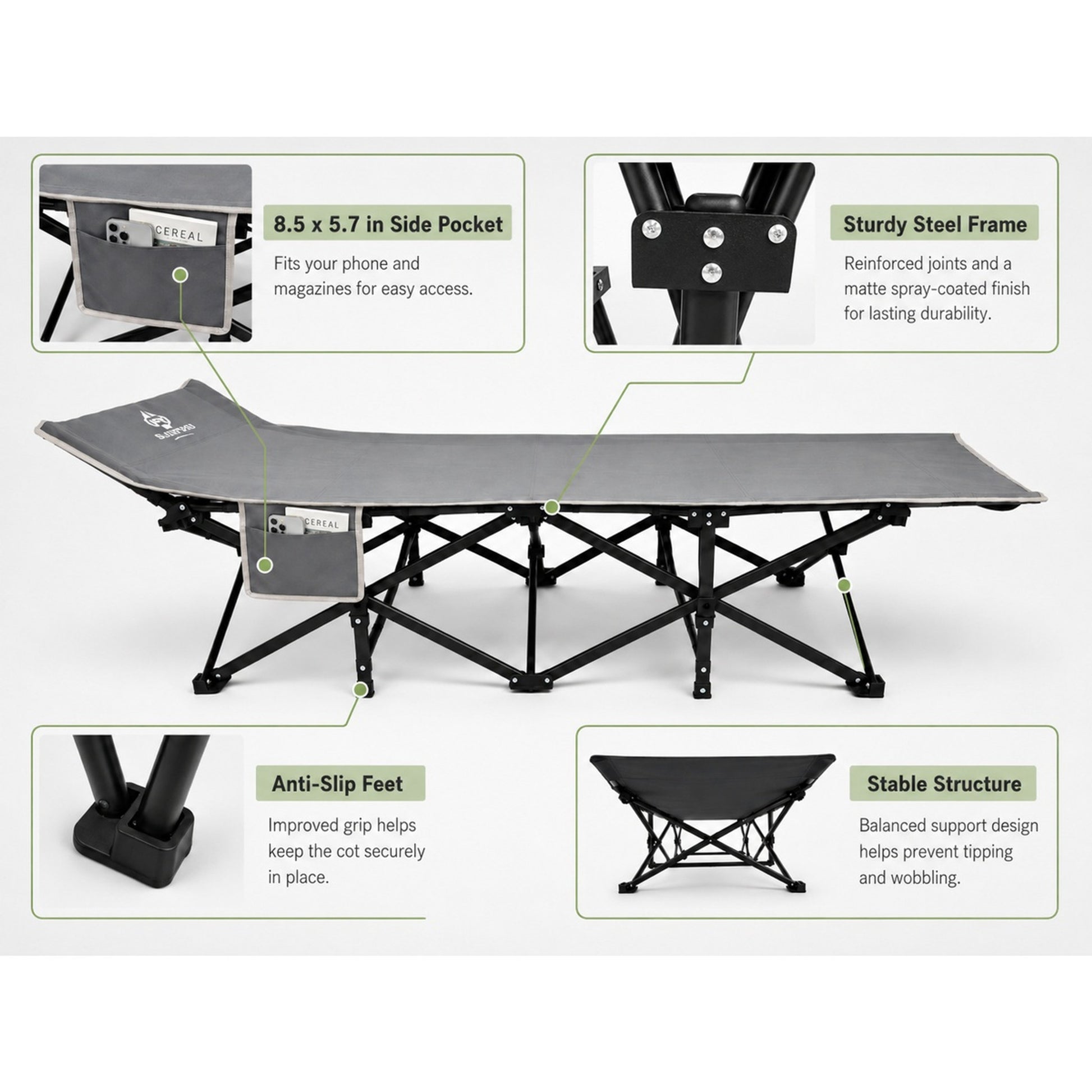 BLACKPONGO Terravoy 10-Leg Folding Camping Cot with Pad - variant and angle view