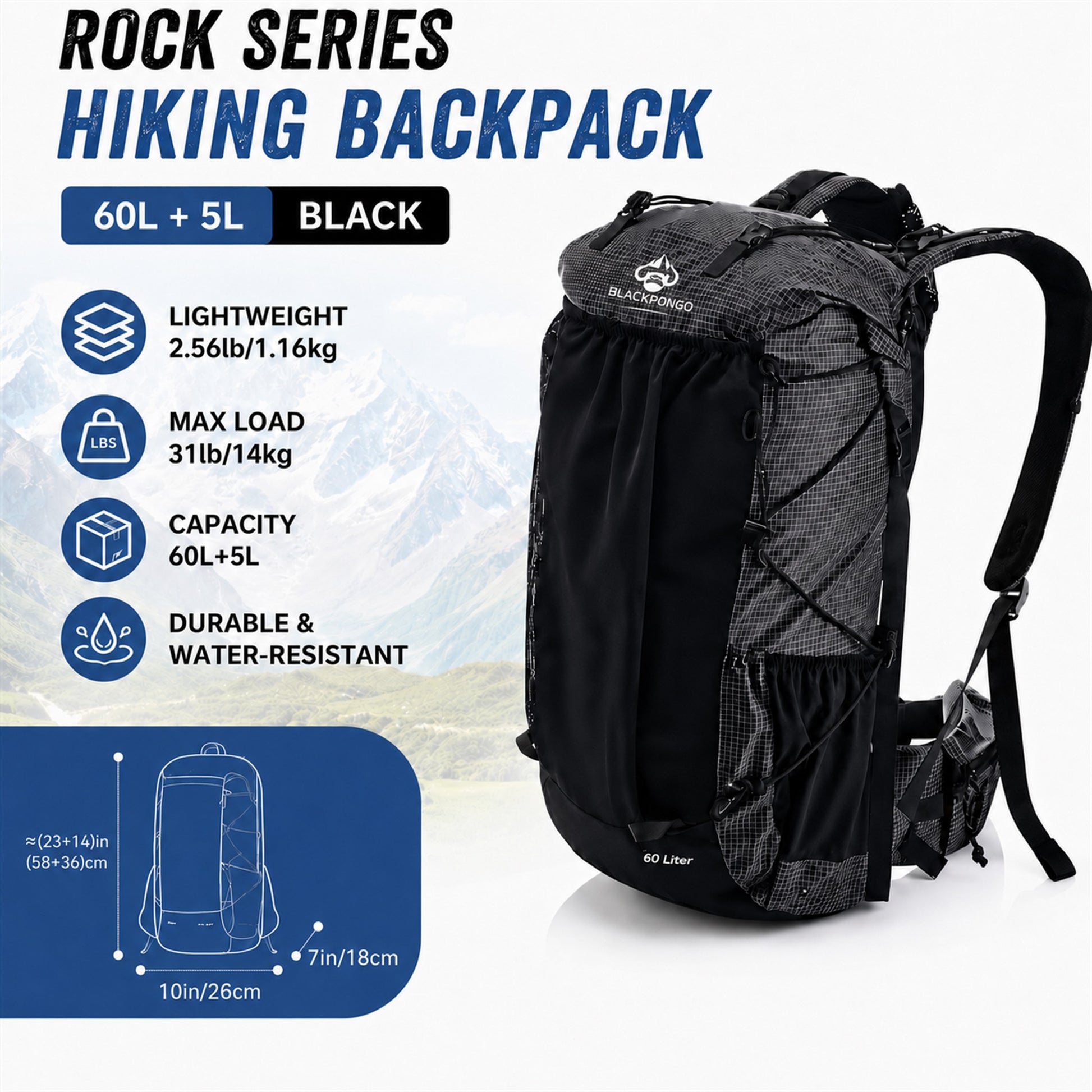BLACKPONGO AlpineX 60L plus 5L hiking backpack specifications