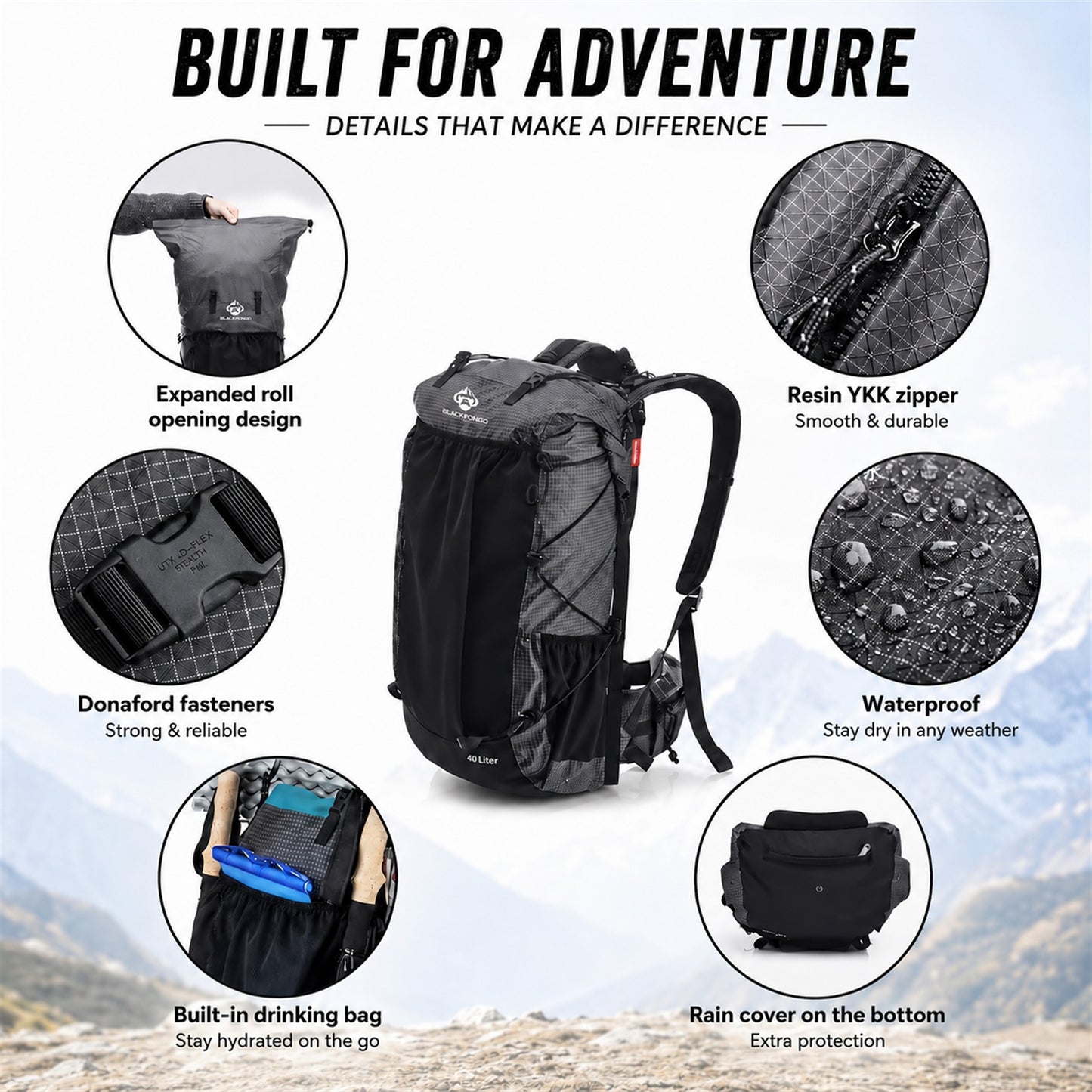 AlpineX hiking backpack roll-top zipper fabric hydration port and rain cover details