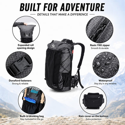 AlpineX hiking backpack roll-top zipper fabric hydration port and rain cover details