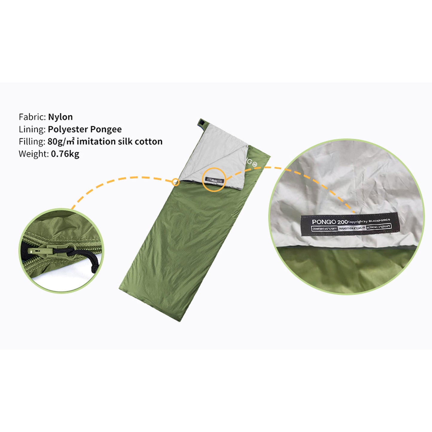 BLACKPONGO ZipNest LW200 Ultralight Envelope Sleeping Bag - feature detail