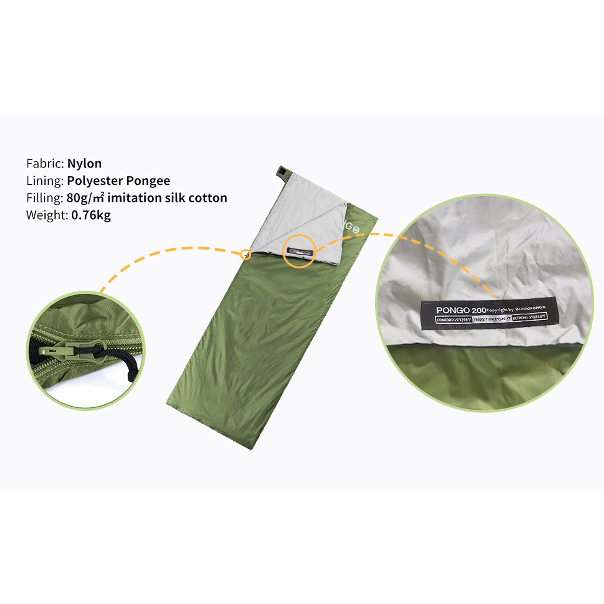 BLACKPONGO ZipNest LW200 Ultralight Envelope Sleeping Bag - feature detail