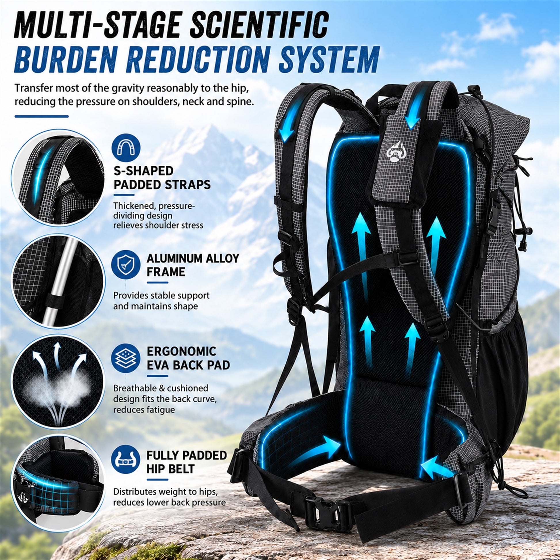 AlpineX hiking backpack aluminum frame padded straps EVA back panel and hip belt