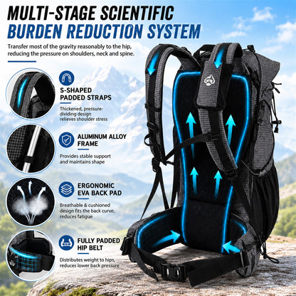 AlpineX hiking backpack aluminum frame padded straps EVA back panel and hip belt