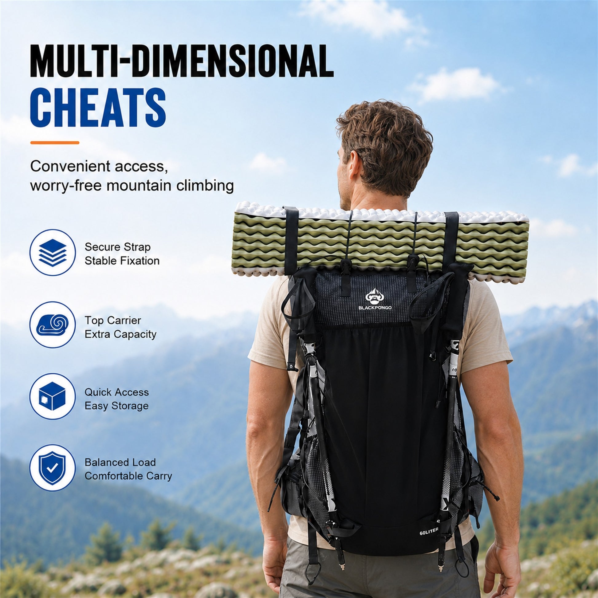 Hiker carrying sleeping pad on BLACKPONGO AlpineX backpack external attachment system
