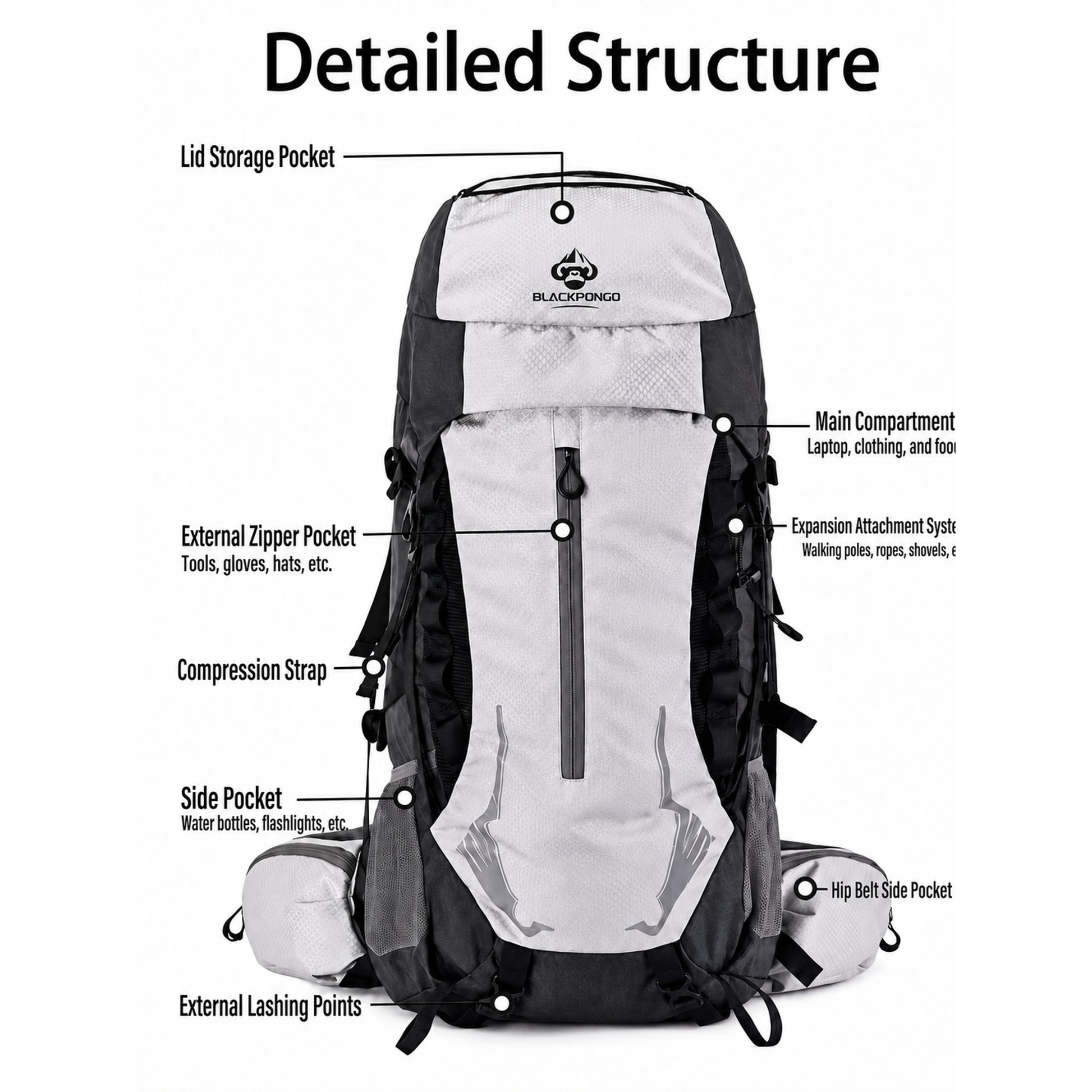BLACKPONGO PeakCore 38L Hiking Backpack - outdoor use detail