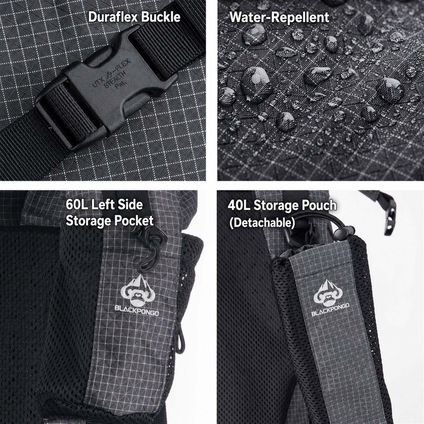 AlpineX hiking backpack buckle water-resistant fabric side pocket and detachable pouch