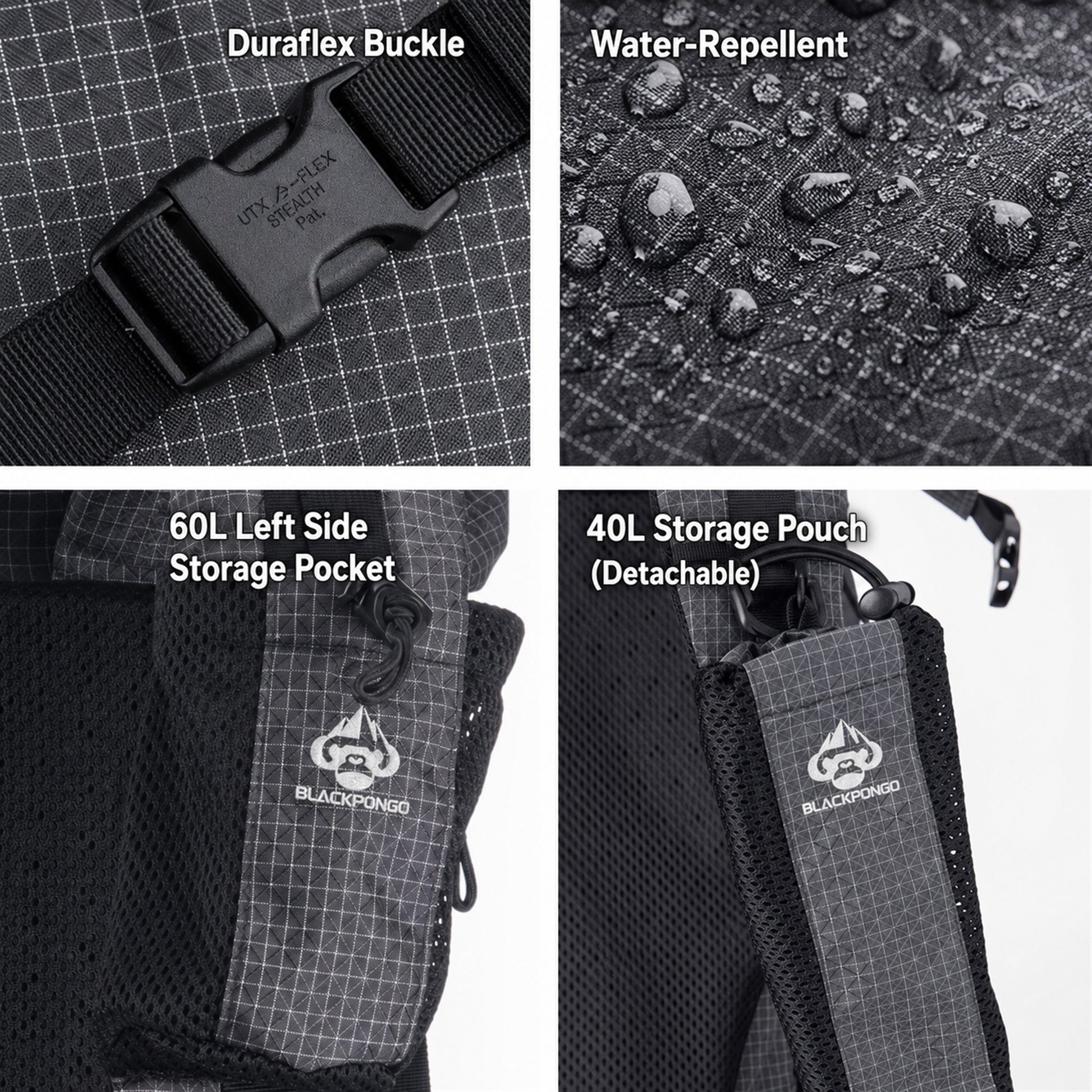 AlpineX hiking backpack buckle water-resistant fabric side pocket and detachable pouch