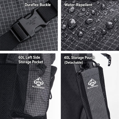AlpineX hiking backpack buckle water-resistant fabric side pocket and detachable pouch