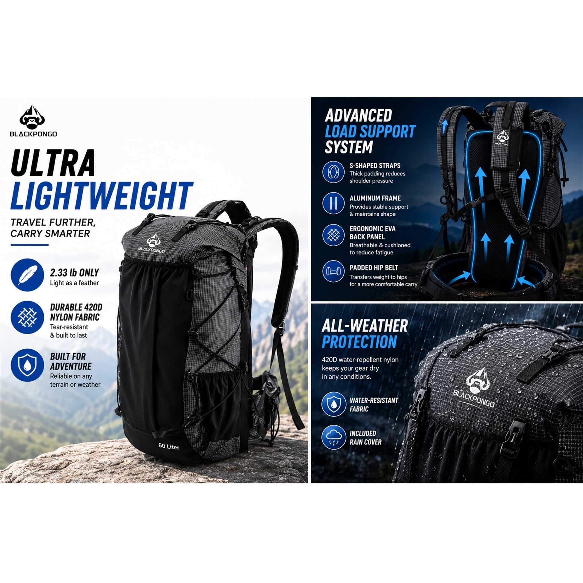 AlpineX lightweight backpack support system and all-weather protection features