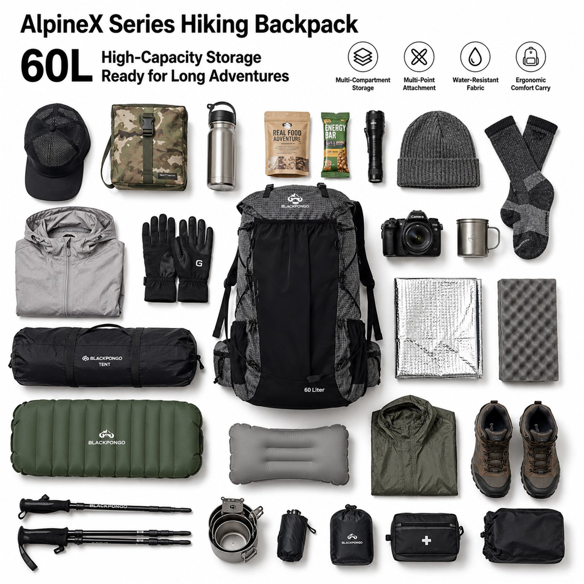 BLACKPONGO AlpineX 60L hiking backpack shown with multi-day outdoor equipment