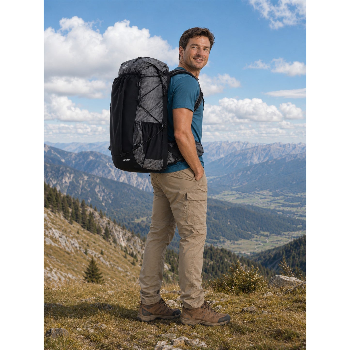 Hiker wearing BLACKPONGO AlpineX backpack in a mountain landscape