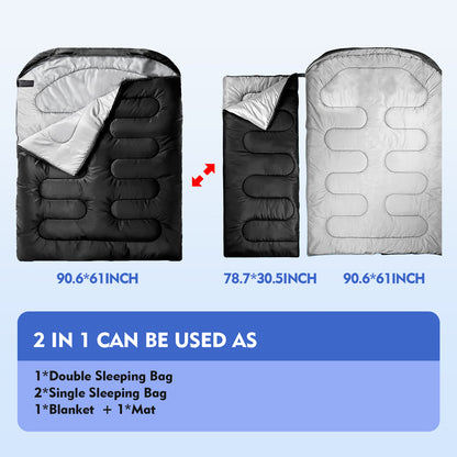Double Sleeping Bag for Adults Men Women, XL Queen Size Two Person Sleeping Bag for All Season Camping Hiking Backpacking 2 Person Sleeping Bags for Cold Weather & Warm