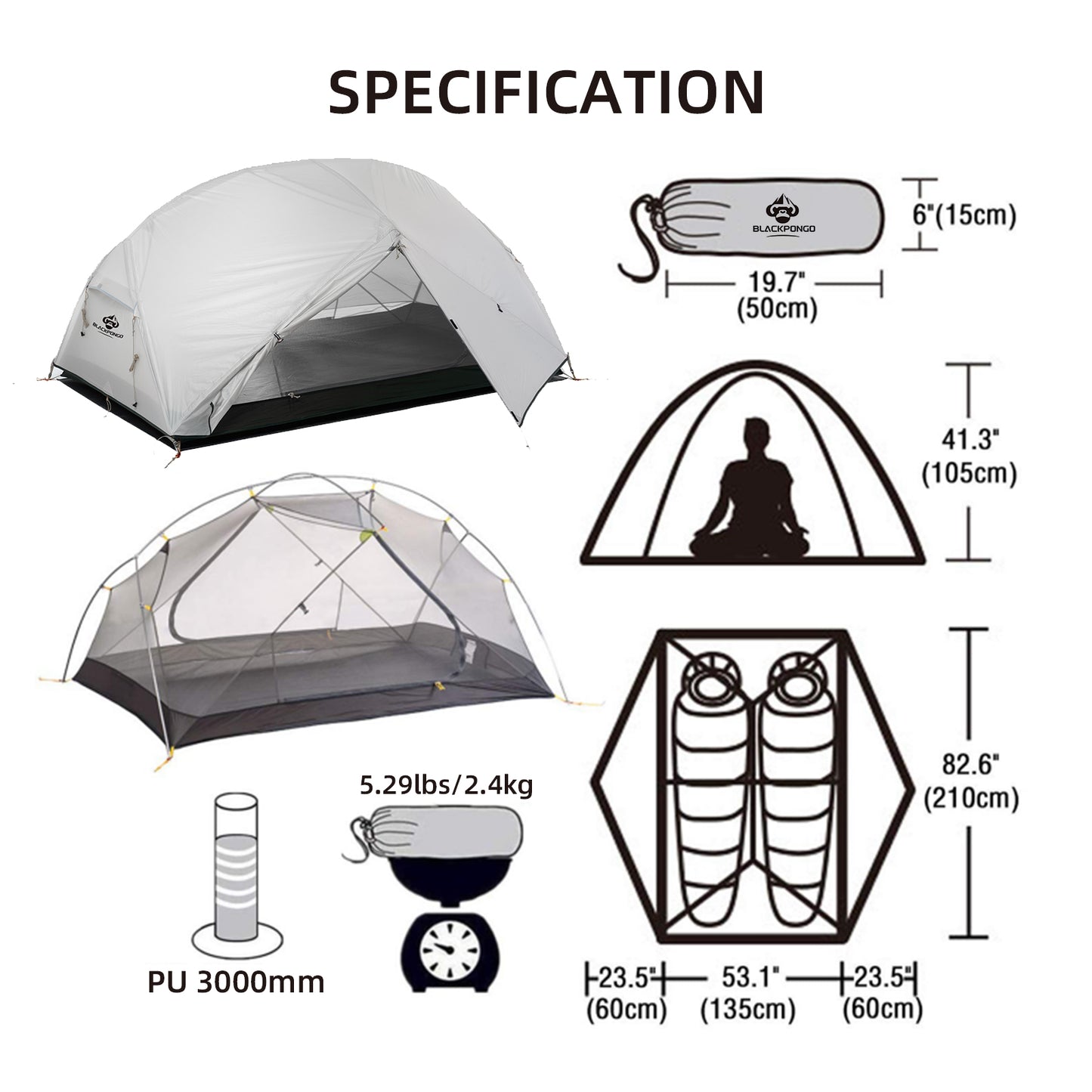 Blackpongo Neptune 2 Person Camping Tent 20D nylon 210T polyester Double Layer Breathable Waterproof windproof professional ultralight Tent with ground mat